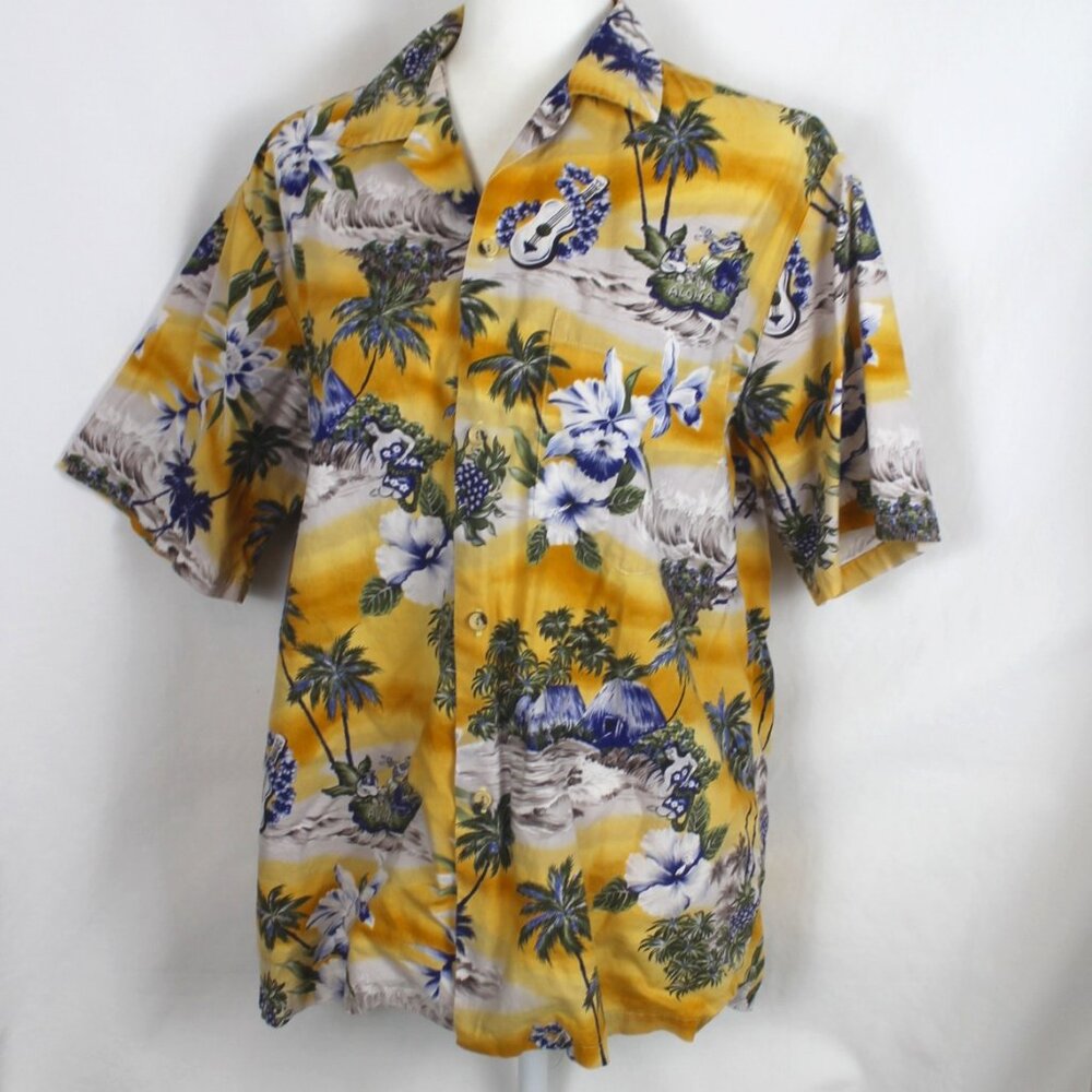 HANA FASHION Hawaiian Button Front Shirt Size Large Yellow w/Blue Palm Trees